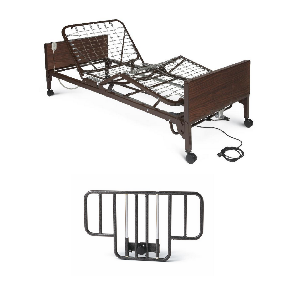 The Medline MedLite Semi-Electric Homecare Bed features a metal frame, wooden headboard and footboard, detachable metal side rail, lightweight design for easy movement, and comes with an attached electric cord.